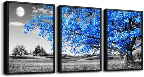 Miniatura 22 de Arte de pared para sala de estar, blanco y negro, árbol azul, luna, lienzo para decoración de pared para el hogar, obra de arte enorme, pintura
