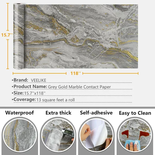Miniatura 8 de VEELIKE Papel adhesivo de mármol gris dorado mate para encimeras, papel tapiz de mármol líquido impermeable, para despegar y pegar encimeras