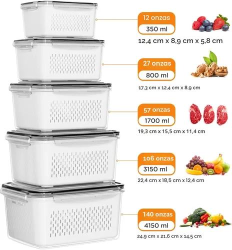Miniatura 5 de Paquete de 5 recipientes de almacenamiento de frutas para refrigerador con coladores extraíbles, 4 en 1 contenedores de almacenamiento de productos