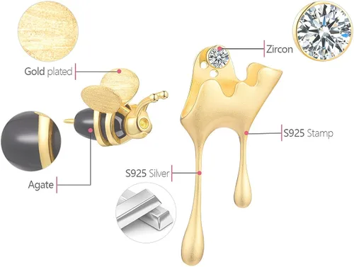 Miniatura 3 de Regalo para San Valentín, aretes de plata de ley 925 abeja y miel goteando, aretes asimétricos creativos hechos a mano, joyería única, regalos