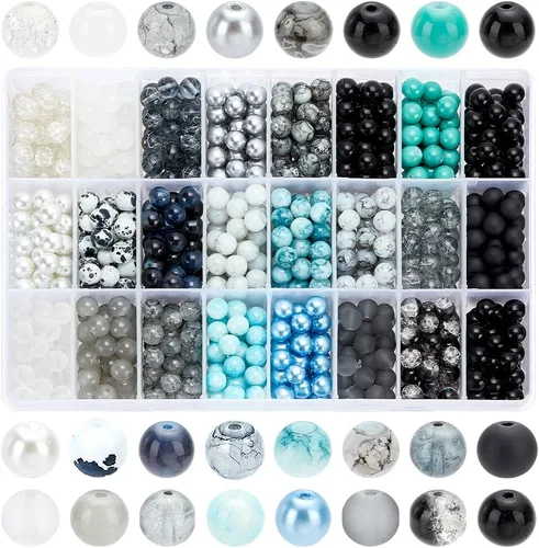 1080 cuentas de vidrio de 0.315 pulgadas (0.315 in), 24 colores negros, cuentas redondas de cristal de cristal, rosario de mármol, cuentas sueltas