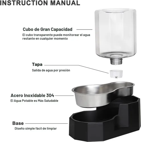 Miniatura 4 de Sfozstra - Dispensador de cuenco de agua por gravedad: comedero automático de 5L en acero inoxidable negro para gatos con cepillo especializado