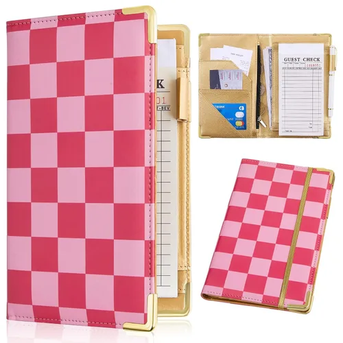 Miniatura 13 de Libros de servidor para camarera - Bonito libro de camarera con bolsillo para dinero, libro de cuero con cartera y bolsillo con cremallera. Flores a