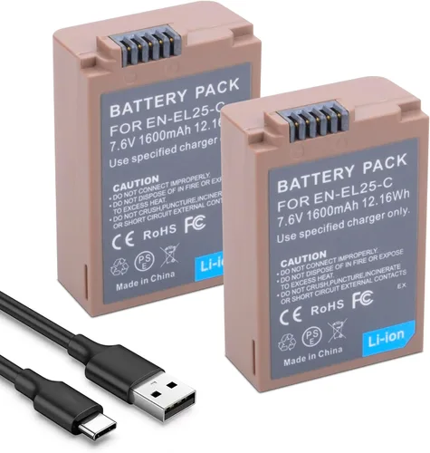 Paquete de 2 baterías de repuesto EN-EL25 EN-EL25a con puerto de carga rápida USB-C compatible con cámara Nikon ZFC / Z30 / Z50, cargador MH-32 de