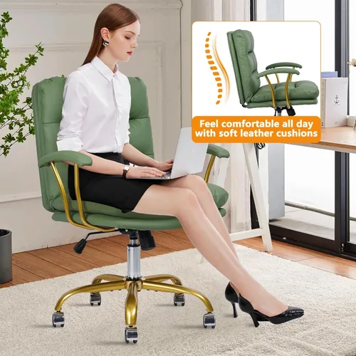 Miniatura 6 de KLASIKA Silla de escritorio de cuero para oficina en casa, silla de tocador con respaldo medio, silla de maquillaje con ruedas doradas y Verde