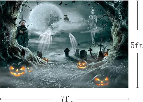 Miniatura 3 de MEHOFOND Telón de fondo de calabaza de Halloween de 7 x 5 pies para fotografía, bosque de terror, luna llena, noche de cementerio, fondo
