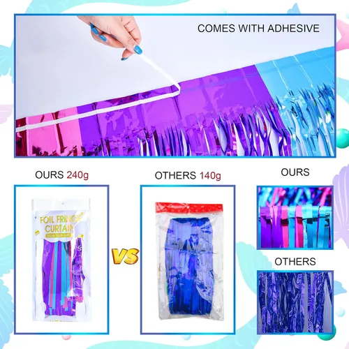 Miniatura 4 de LOLStar Decoraciones de cumpleaños de Sirenita, paquete de 2 cortinas de flecos de papel de aluminio de oropel azul púrpura fucsia de 3.3 x 6.6