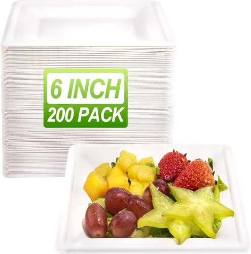 Miniatura 8 de LIYH Paquete de 200 platos de papel cuadrados de caña de azúcar compostables de 6 pulgadas, platos de postre biodegradables y de cóctel desechables