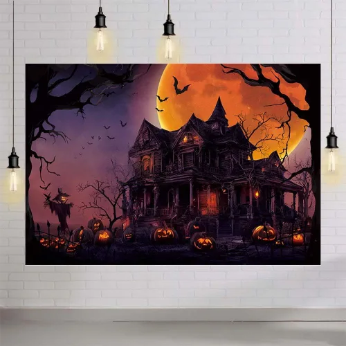 Miniatura 4 de MEHOFOND Telón de fondo temático de Halloween de 7 x 5 pies, horrible luna llena, fondo de fotografía de noche de castillo morado, calabaza, madera