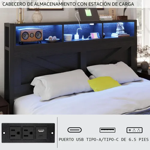 Miniatura 6 de Marco de cama Queen estilo granja con cabecero con estantería y cajones de almacenamiento, luces LED y estación de carga, no necesita somier, sin