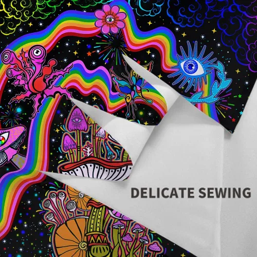 Miniatura 7 de NiYoung Tapiz Trippy para colgar en la pared, luz negra, arco iris, flores coloridas, ojos, estrellas, plantas mágicas, neón reactivo a los rayos