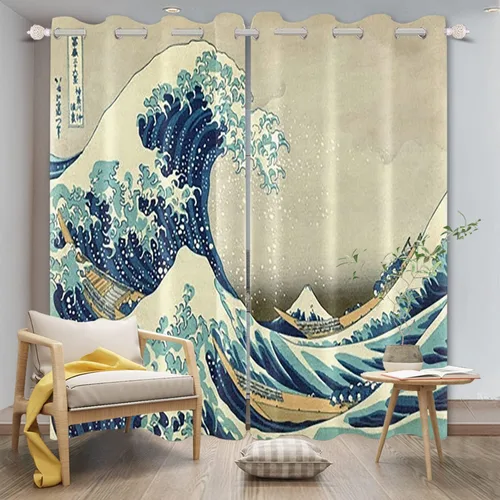 Cortinas opacas japonesas Ukiyoe Kanagawa con ondas abstractas japonesas vintage de pintura tradicional para sala de estar, dormitorio, decoración