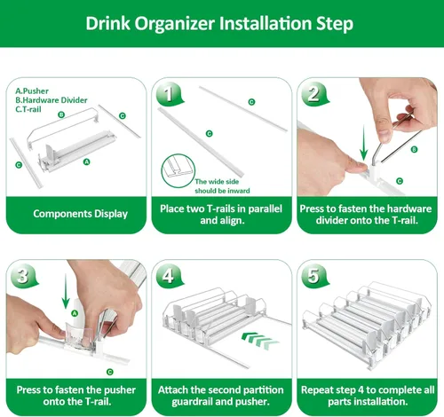 Miniatura 7 de Organizador de bebidas para nevera - Deslizador automático blanco, dispensador de soda para nevera - Sostiene hasta 15 latas - 12oz 16oz 20oz