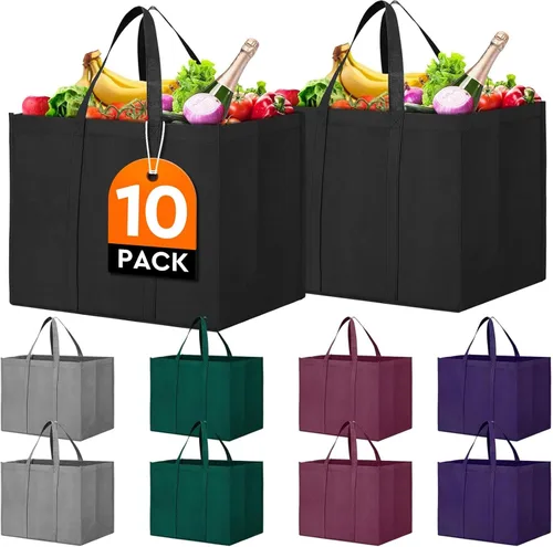 Miniatura 14 de WISELIFE Bolsas de compras reutilizables para comestibles, paquete de 10 bolsas de mano plegables grandes a granel bolsas de productos ecológicos