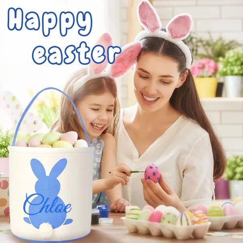 Miniatura 7 de Cesta de lona de Pascua personalizada con asa, cubo de huevo y conejo, color azul