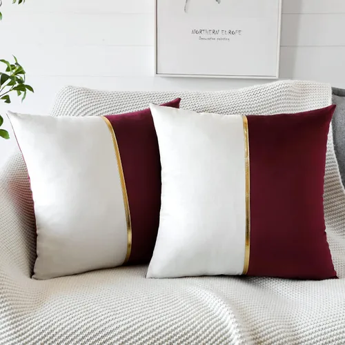Miniatura 8 de OTOSTAR Fundas de cojín de terciopelo en rojo vino y blanco con parche de cuero dorado, lujo moderno minimalista, fundas de almohada cuadradas