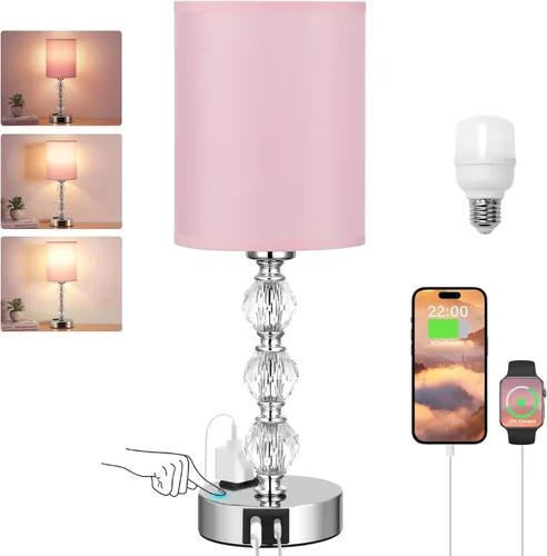 Miniatura 9 de Lámparas de noche táctiles blancas para dormitorios, lámpara de mesa de cristal con puerto de carga USB C+A y mesita de noche de salida de CA