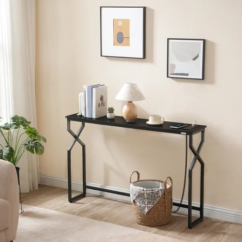 Miniatura 2 de MAHANCRIS Mesa de sofá de 44.9 pulgadas, mesa consola estrecha de 9.4 pulgadas con estación de carga, mesa de sofá detrás del sofá con Negro
