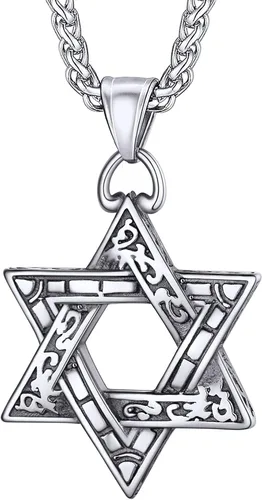 Miniatura 61 de U7 - Collar con Estrella de David para hombres y mujeres, dije hexagonal de acero inoxidable con cruz/piedra de rubí/collares clásicos judíos