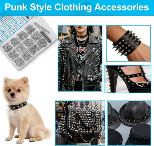 Miniatura 7 de Domthent Kit de clavos y tachuelas punk, 363 juegos con tachuelas de tornillo, 8 tamaños de cono de metal y tachuelas piramidales para chaqueta