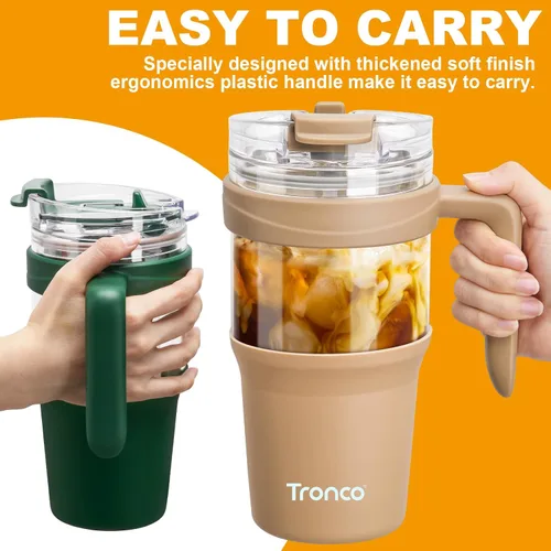 Miniatura 4 de Tronco Vaso de vidrio de 32 onzas con popote y tapa, tapa con popote 2 en 1 a prueba de fugas, botellas de agua de vidrio con asa, apto para Rosa