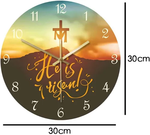 Miniatura 4 de Geek Alerts Reloj de pared sin tictac de 12 pulgadas, cristiano de Pascua con texto en inglés "He is resucitado", funciona con pilas, reloj