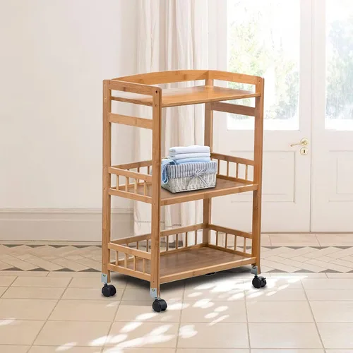 Miniatura 9 de Carrito de almacenamiento de bambú de 3 niveles, carrito utilitario de cocina con ruedas con estante de almacenamiento, carrito rodante con estantes