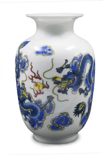 Dahlia Jarrón azul y blanco, florero de porcelana china hecho a mano, diseño de dragón, forma de melón de 8.5 pulgadas Motivo de dragón