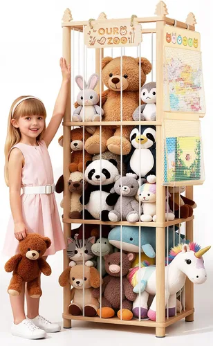 Almacenamiento de animales de peluche: organizador grande de almacenamiento de juguetes de madera con 1 red de almacenamiento extraíble para colgar,