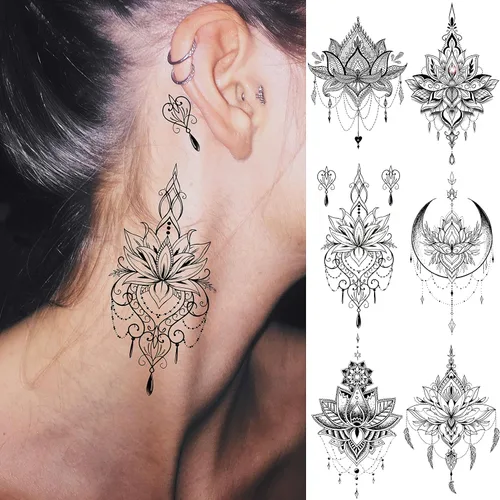 Miniatura 5 de EGMBGM 15 hojas de tatuajes temporales de loto negro sexy para mujeres, novias de boda, joyería falsa tribal, colgante de encaje, luna, polilla