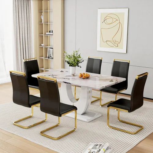 Miniatura 39 de Juego de 6 sillas de mesa de comedor para 6, juego de 6, moderno juego de comedor con mesa de comedor de mármol de 63 pulgadas, sillas tapizadas