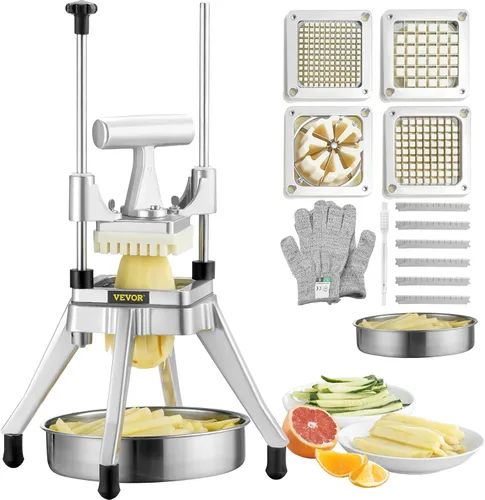 VEVOR Picador comercial de frutas y verduras, cortador de patatas fritas de acero inoxidable con 4 cuchillas de 1/4 pulgadas 3/8 pulgadas 1/2