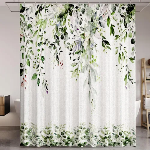 Miniatura 8 de Cortina de ducha de hojas de eucalipto negras para baño: juego de cortinas de ducha con acuarela de arte estético con ganchos, decoración de tela