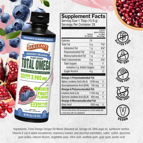 Miniatura 6 de Barlean's Suplemento líquido vegano de aceite de linaza, borraja y algas, Omega 3 6 9, granada y arándano, 3,980 mg de GLA, EPA y DHA de ácido