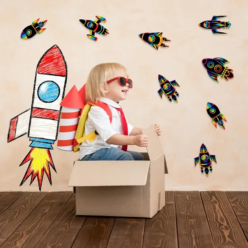 Miniatura 3 de Liliful Juego de 48 tarjetas de rascar de cohete con temática espacial para fiestas, manualidades, tarjetas de papel, recuerdos artísticos