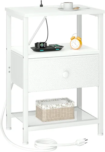 Miniatura 15 de LOAKEKEL Mesita de noche, mesita de noche con estación de carga, mesa auxiliar con almacenamiento 2 cajones de tela para dormitorio, mesa auxiliar