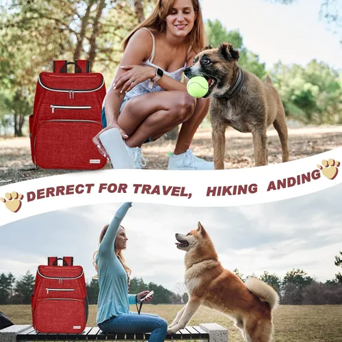 Miniatura 6 de BAGLHER Mochila de viaje para perros, mochila de suministros para mascotas aprobada por aerolíneas, mochila de viaje para perros con 2 cuencos Rojo