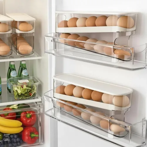Miniatura 2 de Dispensador automático de huevos para refrigerador, organizador de huevos para refrigerador que ahorra espacio y almacenamiento con tapa, bandeja