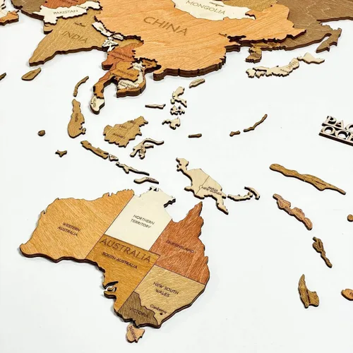 Miniatura 8 de Decoración de pared de mapa del mundo de madera, multicapa, madera teñida multicolor, nombres grabados, diseño 3D único, para cocina, oficina