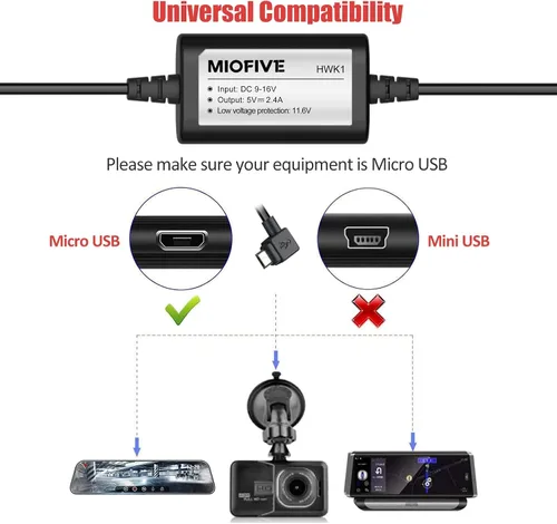 Miniatura 2 de Miofive Kit de cable duro para cámara de salpicadero, kit de cable duro micro USB de 11.5 pies para cámara de salpicadero con kit de fusibles