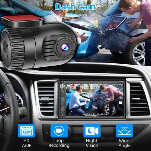 Miniatura 4 de Estéreo de auto doble DIN con cámara de salpicadero, control de voz Carplay, Android Auto, controles del volante, pantalla táctil HD de 7 pulgadas