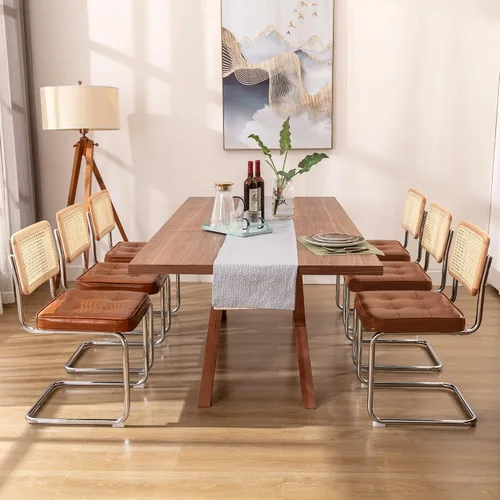 Zesthouse Juego de 6 sillas de comedor de ratán natural, sillas modernas de comedor con respaldo de madera maciza para cocina y sala de estar, Cuero