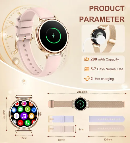 Miniatura 7 de Reloj inteligente para mujer, reloj inteligente de 1.27 pulgadas con llamada Bluetooth, oro rosa y rosa