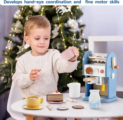 Miniatura 6 de GAGAKU Máquina de café de madera de juguete con molinillo, 15 piezas, accesorios de cocina de madera para niños, no tóxico, juego de simulación, Azul