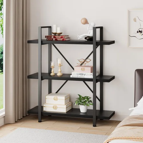 Miniatura 3 de HSH - Estantería de 3 niveles en negro, estanterías de almacenamiento pequeñas de metal y madera industriales, estanterías modernas abiertas de 3