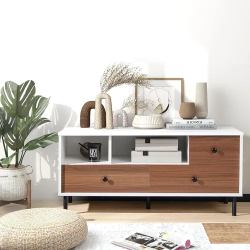 Miniatura 4 de Tangkula Soporte de TV de granja para televisores de 50 pulgadas, moderna mesa consola de pantalla plana con 2 cubos y 3 cajones grandes, armario