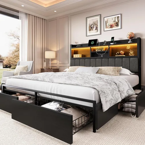 Miniatura 13 de LARMACE Base de cama tamaño Queen con 6 cajones de almacenamiento y cabecero, plataforma de madera con luces LED y estación de carga, fácil montaje