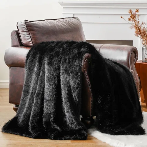 BATTILO HOME Manta de Tiro de Piel Sintética Negra Mullida y Lujosa, Manta Negra para Sofá, Sillón, Silla, Cama, Mantas de Piel Mullida, Suave y