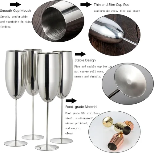 Miniatura 4 de Copas de champán de acero inoxidable, juego de 4 copas de vino irrompibles de 9.5 onzas, copas elegantes de tallo para tostadas a mano, para bodas