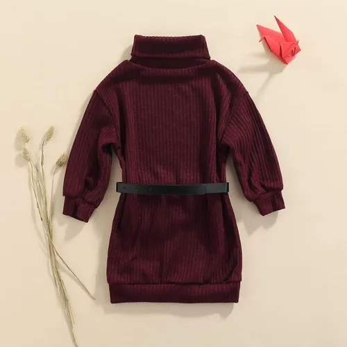 Miniatura 5 de GOOCHEER Trajes de bebé niña con cuello alto, vestido de suéter de punto para niños, vestidos de manga larga acanalados sólidos + cinturón ropa